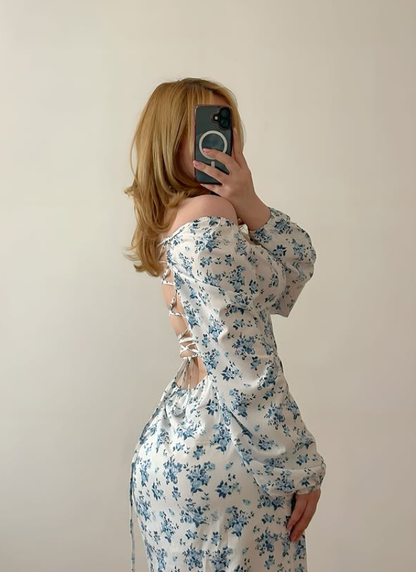 Sweety Blue Print A Line Long Sleeve Satin Prom Dress Evening Dress SH6887