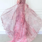Pink Print Floral A Line Straps Chiffon Long Prom Dress Evening Dress SH5841