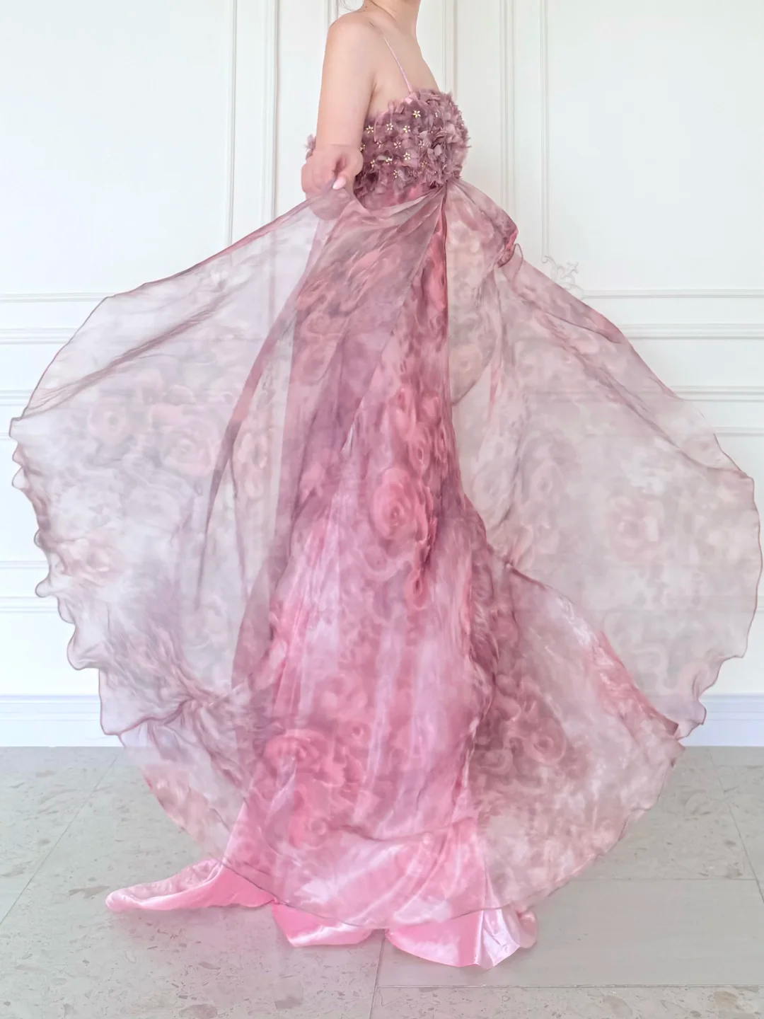 Pink Print Floral A Line Straps Chiffon Long Prom Dress Evening Dress SH5841