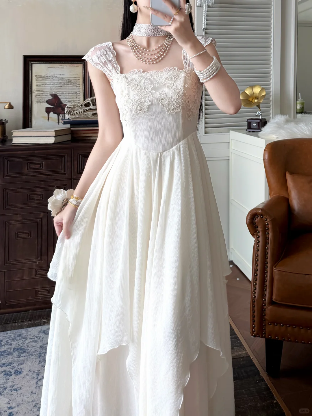 Gentle White A Line Straps Lace Chiffon Prom Dress Evening Dress SH6767