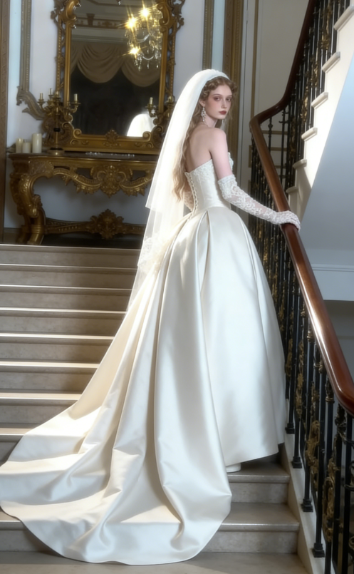 Princess Ball Gown Strapless Lace Appliques Satin Prom Dress 18th Birthday Dress Wedding Dress SH3897
