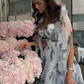 Blue Print Floral A Line Spaghetti Strap Chiffon Long Prom Dress Evening Dress SH6602