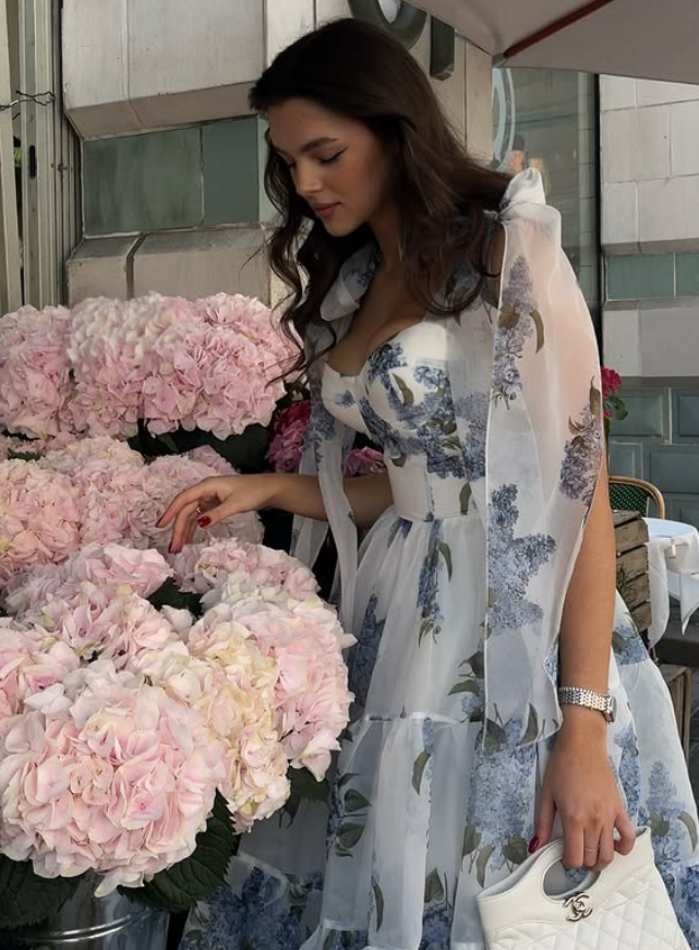 Blue Print Floral A Line Spaghetti Strap Chiffon Long Prom Dress Evening Dress SH6602