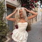Chic Ivory Satin Halter Sleeveless Square Short Homecoming Dress with Bubble Skirt SH7508