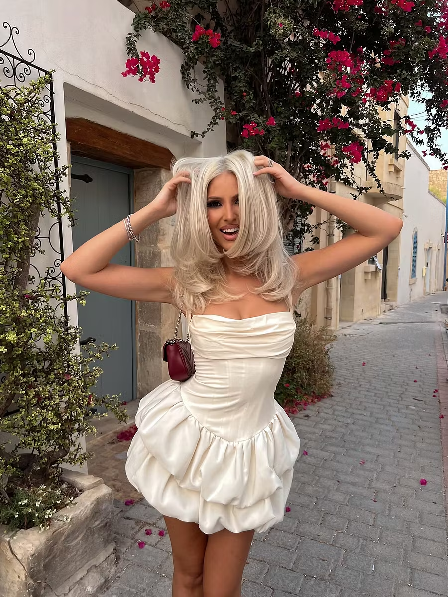 Chic Ivory Satin Halter Sleeveless Square Short Homecoming Dress with Bubble Skirt SH7508