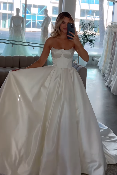 Stylish A Line Strapless White Satin Long Wedding Dress SH8530