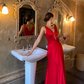 Classic Red A Line V Neck Satin Long Prom Dress Party Dress SH4030