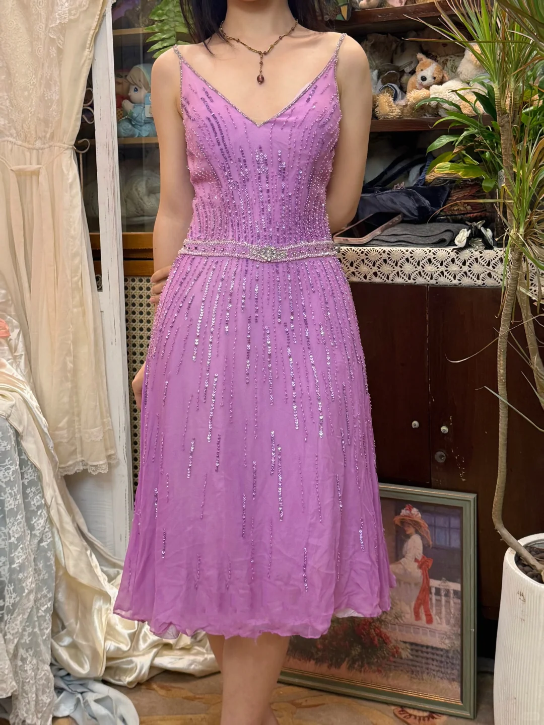 Vintage Purple A Line Straps Beaded Chiffon Short Prom Dress Hoco Dress SH5514