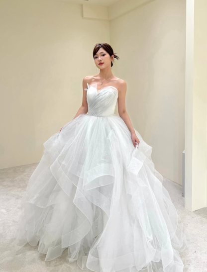 Sweety Ball Gown Strapless Ruffle Sequin White Tulle Prom Dress Evening Dress SH5105