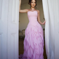 Pink A Line Strapless Ruffle Chiffon Satin Prom Dress Evening Dress SH6404