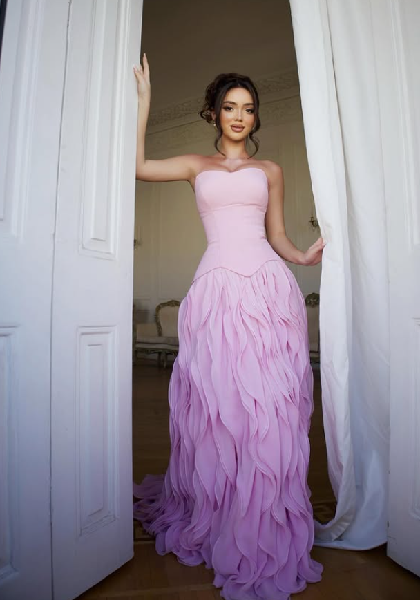 Pink A Line Strapless Ruffle Chiffon Satin Prom Dress Evening Dress SH6404