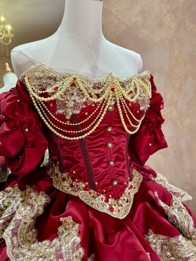 Burgundy Ball Gown Off the Shoulder Layered Lace Beaded Satin Quinceanera Dresses SH4871