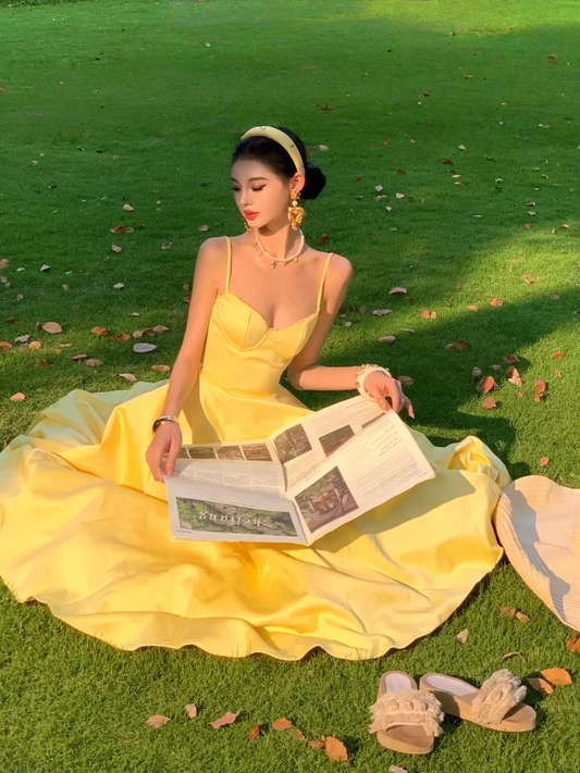 Yellow A Line Spaghetti Strap Satin Prom Dress 16th Birthday Dress SH4462
