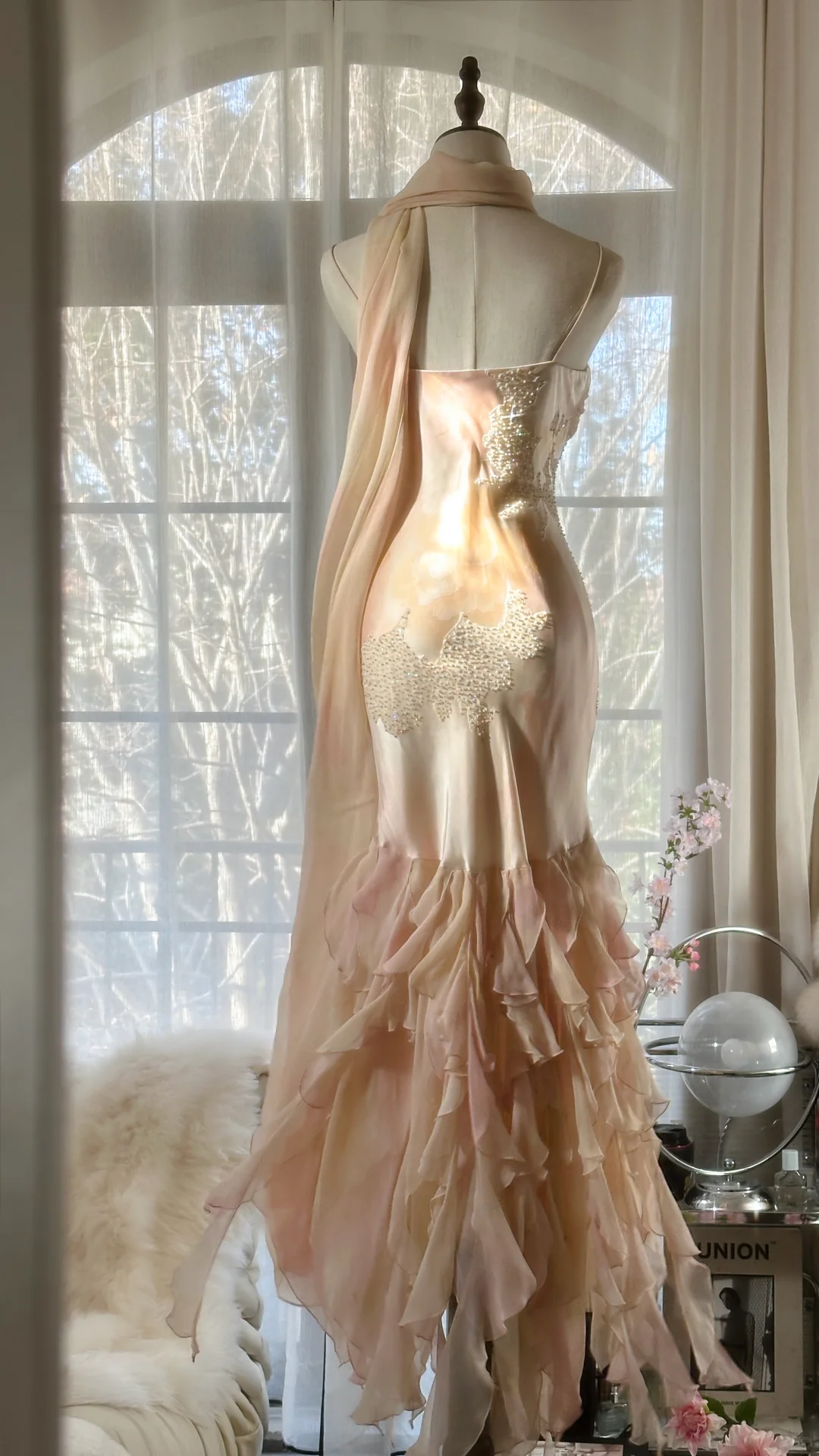 Fairy Mermaid Spaghetti Strap Beaded Ruffle Chiffon Long Prom Dress Evening Dress SH2981