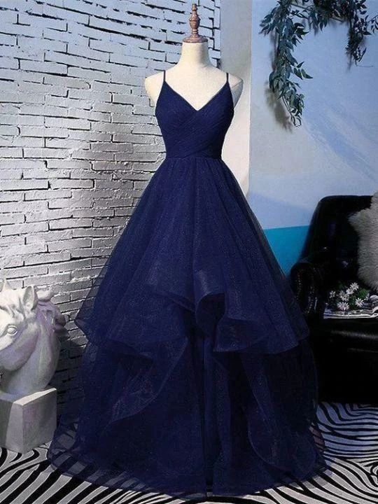 Sparkly Navy Blue Tulle Long Prom Dress Evening Dress SH1034