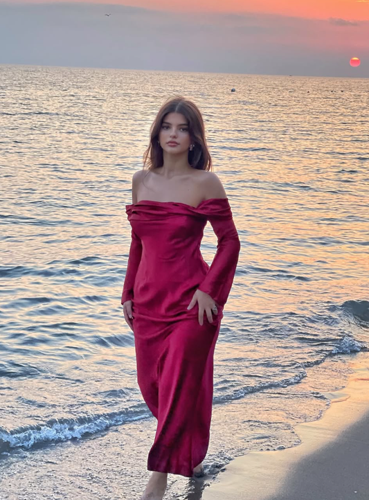 Burgundy A Line Long Sleeve Satin Long Prom Dress Party Dress Outfits SH3968