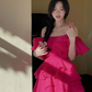 Hot Pink A Line Off the Shoulder Layered Chiffon Satin Short Homecoming Dress Outfits SH6227