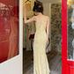 Vintage Yellow Mermaid Spaghetti Strap Beaded Chiffon Prom Dress Wedding Guest Dress SH4499