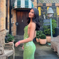 Green Sheath Spaghetti Straps Sequin Open Back Long Prom Dress Evening Dress SH1788