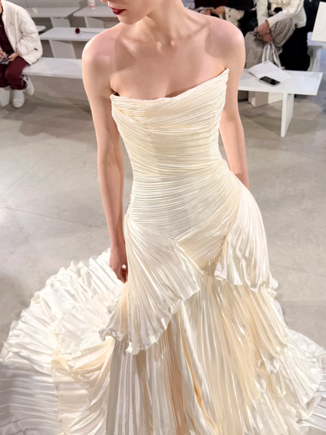 Unique Mermaid Strapless Pleated Ivory Satin Long Wedding Dress SH5097