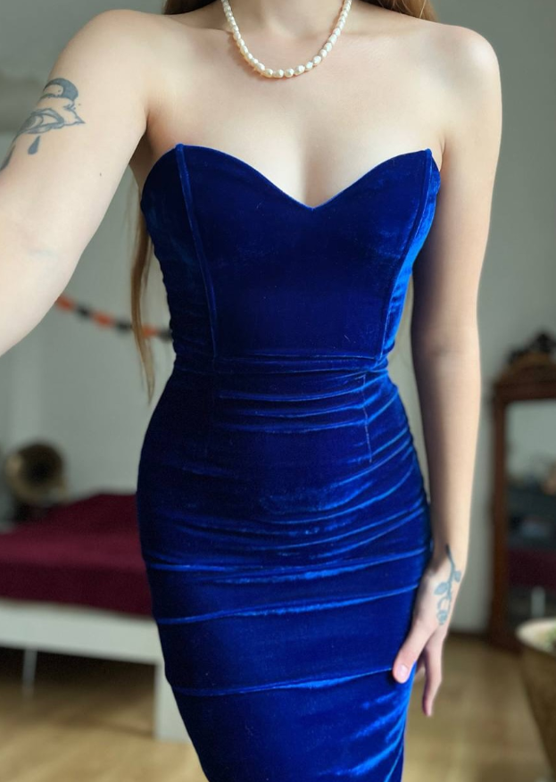 Vintage Sheath Sweetheart Neck Royal Blue Velvet Knee Length Prom Dress Evening Dress SH6077