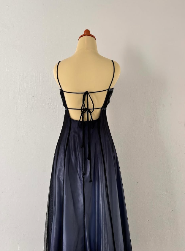 Vintage A Line Spaghetti Straps Beads Tulle Satin Long Formal Dress Prom Dress SH1829