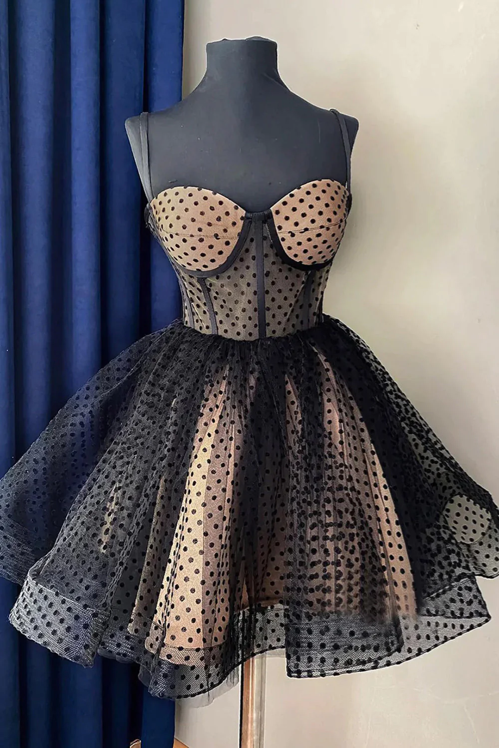 Black Dots Tulle Straps Homecoming Dress SH575
