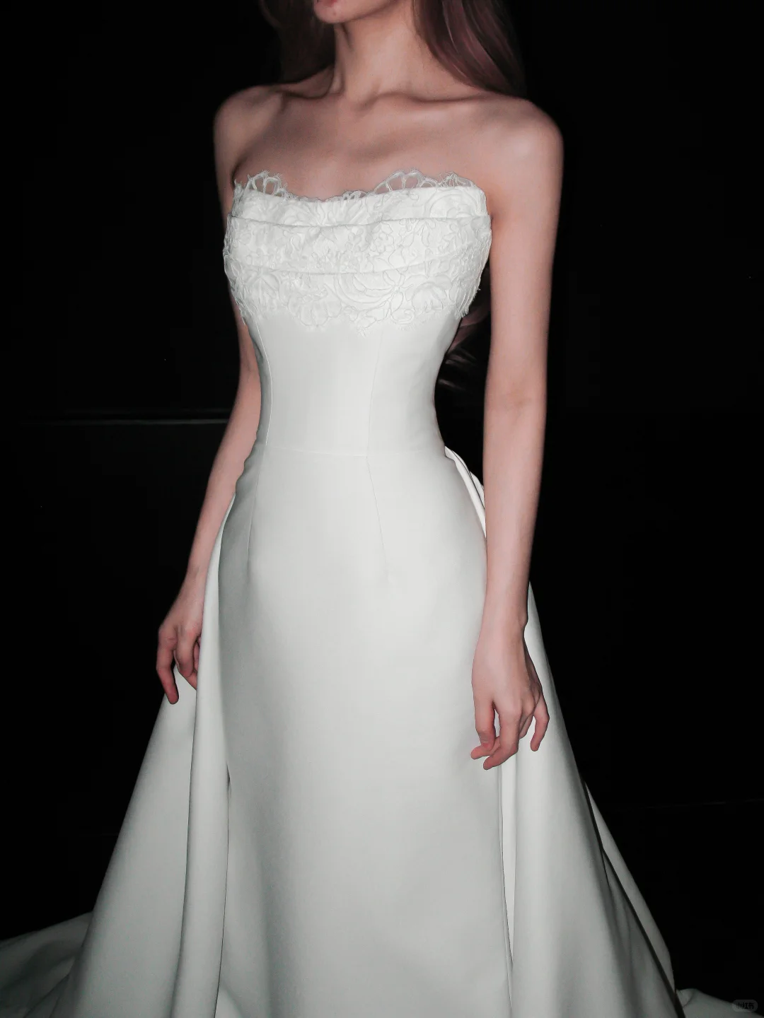 Simple A Line Strapless White Lace Satin Wedding Dress SH5868