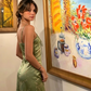 Green Vintage Printed Satin Party Dress Midi Length Formal Prom Dress  SH1246
