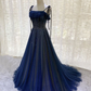 Navy Blue Tulle Beaded Long Prom Dress Evening Dress SH909