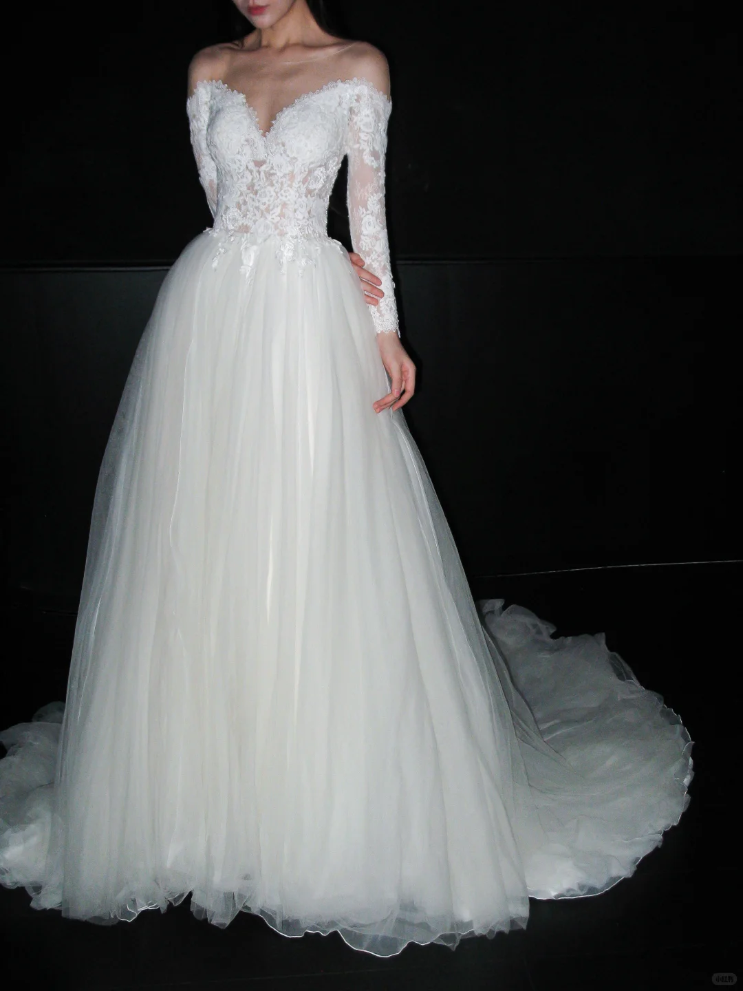 White Ball Gown Long Sleeve Exquisite Lace Tulle Long Wedding Dress SH8908