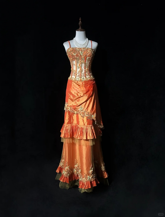 Retro Orange Mermaid Straps Corset Beaded Layered Satin Prom Dress Evening Dress SH3329