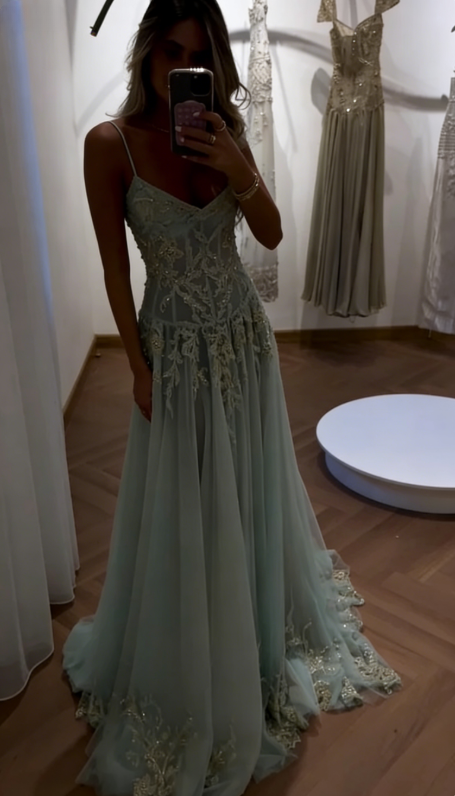Baby Blue A Line Straps Exquisite Beaded Tulle Prom Dress Wedding Guest Dress SH5351