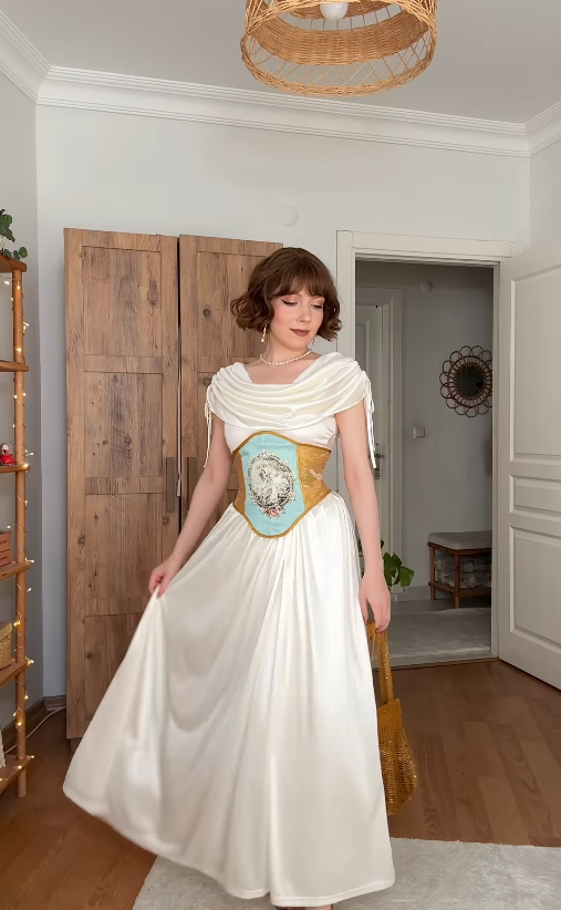 Vintage A Line Round Neck White Satin Prom Dress Evening Dress SH4875