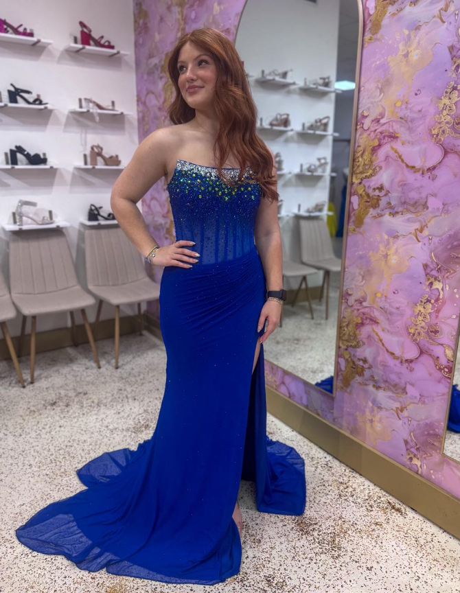 Royal Blue Sheath Strapless Beaded Corset Chiffon Slit Long Prom Dress Evening Dress SH7244