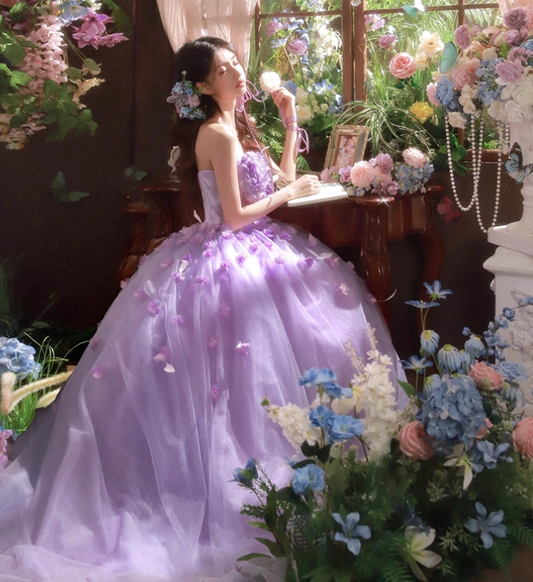Purple Ball Gown Strapless Corset Floral Tulle Prom Dress 16th Birthday Dress SH4053