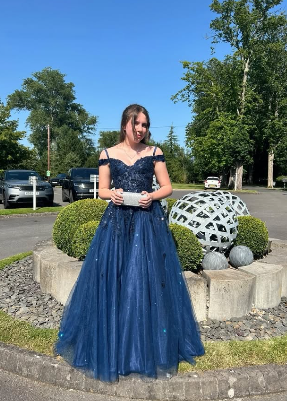 Navy Blue A Line Off the Shoulder Appliques Tulle Prom Dress Birthday Dress SH9020