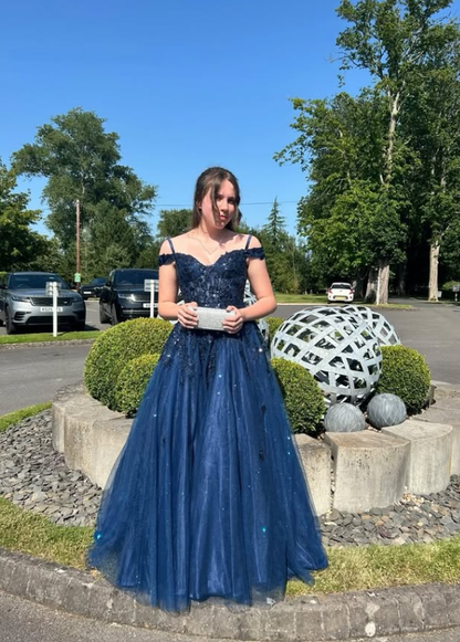 Navy Blue A Line Off the Shoulder Appliques Tulle Prom Dress Birthday Dress SH9020