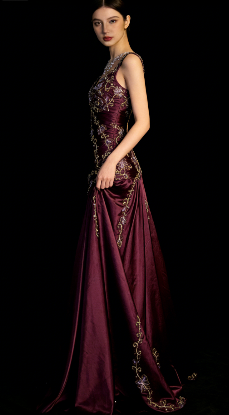 Chic Burgundy A Line Exquisite Embroidery Beaded Satin Prom Dress Evening Gown SH5423