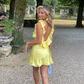 Cute Yellow A Line Ruffles Satin Open Back Short Homecoming Dress Outfits SH1771