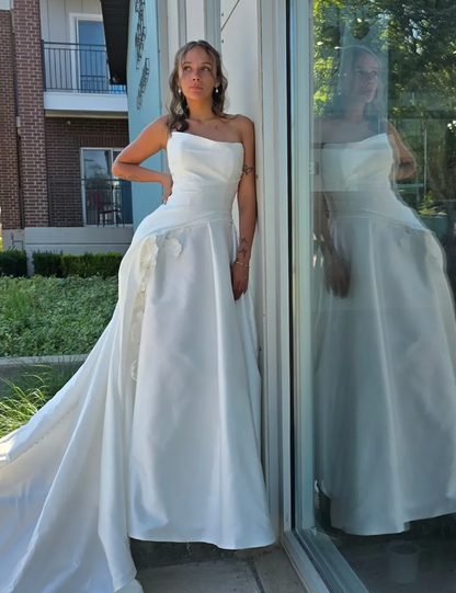 Sweety 3D Floral Ball Gown Strapless Satin Long Wedding Dress SH7155