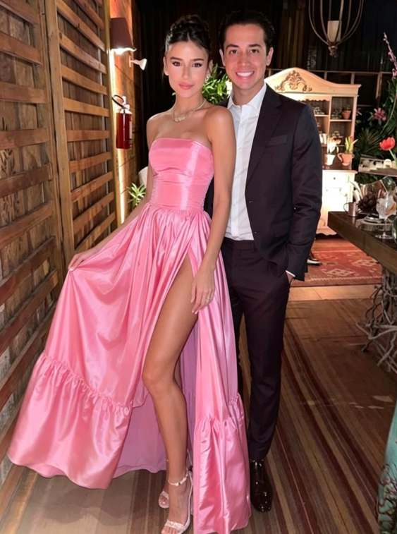 Classic Pink A-line Strapless Side Slit Long Party Prom Dresses SH650