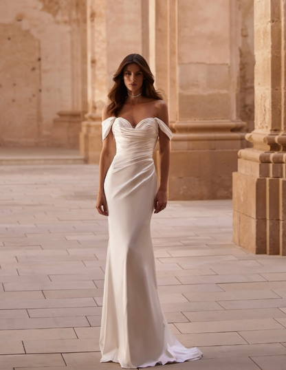 Elegant Sheath Off the Shoulder Pleated White Satin Long Wedding Dress SH7157