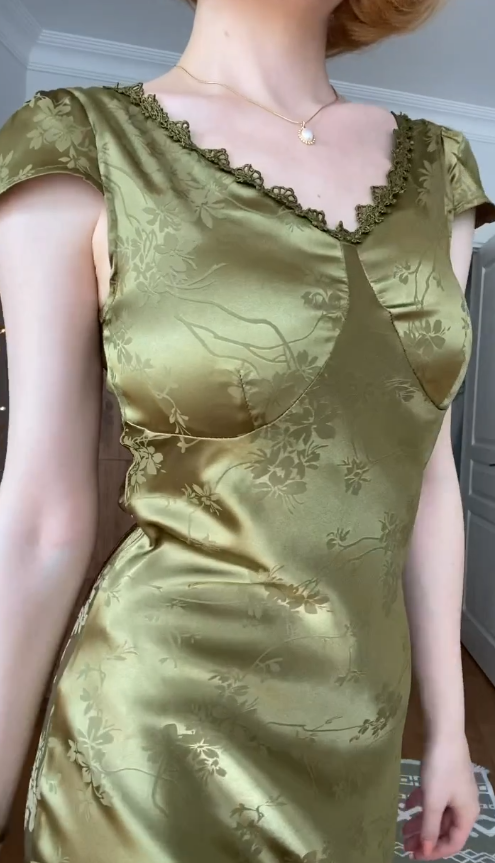 Vintage Charming Sheath V Neck Print Floral Olive Green Satin Prom Dress Outfits SH4865