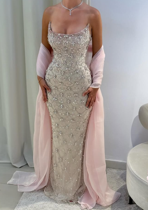 Pink Sheath Strapless Exquisite Rhinestone Tulle Long Prom Dress Evening Dress SH4630