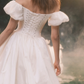 Princess A Line Puff White Appliques Satin Long Prom Dress Evening Dress SH3318