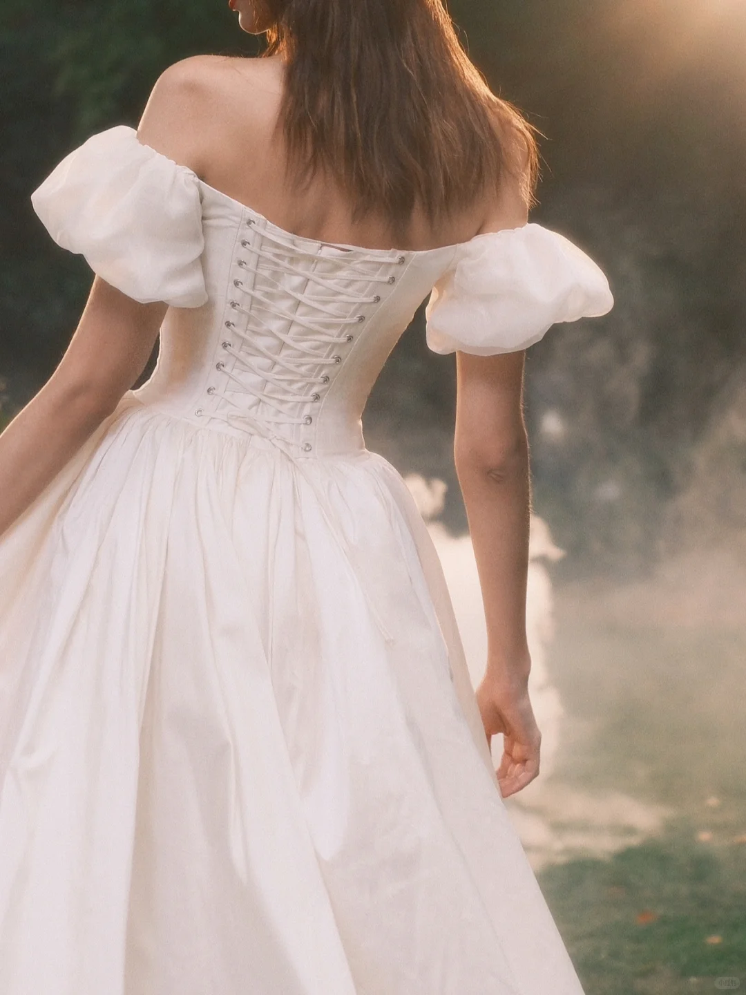 Princess A Line Puff White Appliques Satin Long Prom Dress Evening Dress SH3318