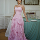 Pink A Line Strapless Ruffle Chiffon Satin Prom Dress Evening Dress SH6404
