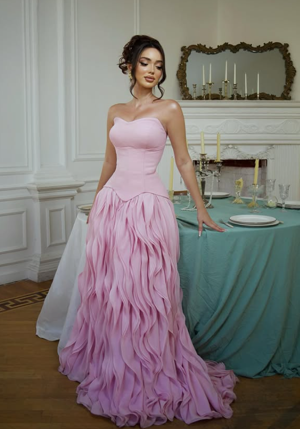 Pink A Line Strapless Ruffle Chiffon Satin Prom Dress Evening Dress SH6404
