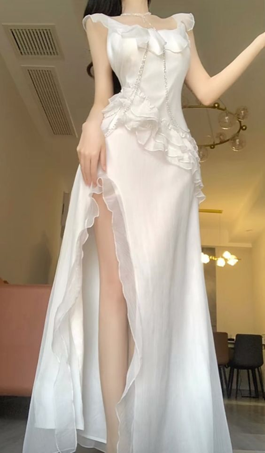 Sexy White Chiffon Long Prom Dress Slit Evening Dress SH1402